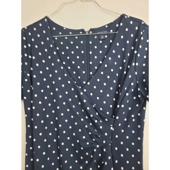 Lands End Womens Faux Wrap Dress Size 12P Blue Polka Dot Stretch Short Sleeve - Picture 2 of 6